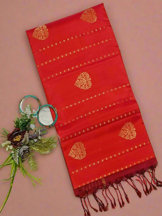 Pure Handloom Soft Silk - Brick red & Maroon Line drops & Peepal leaf motifs