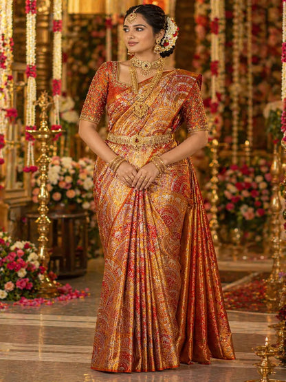 Pure Silk Kanjeevaram-Dual Tone Rust Gold Meenakari 1.5g Kanchi Tissue