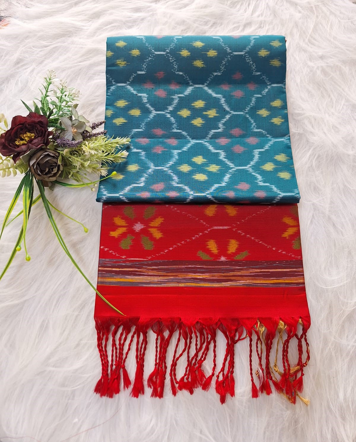 Pure Handloom Soft Silk - Teal Blue-Red Pochampally Ikat pattern