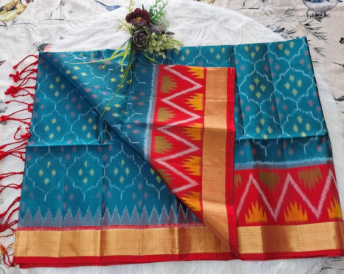 Pure Handloom Soft Silk - Teal Blue-Red Pochampally Ikat pattern