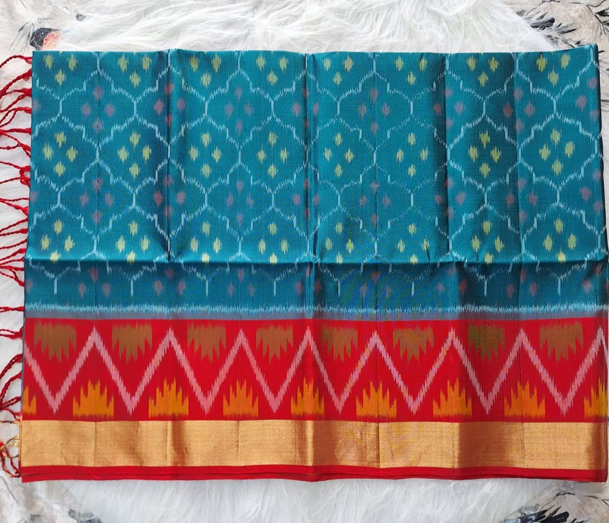 Pure Handloom Soft Silk - Teal Blue-Red Pochampally Ikat pattern