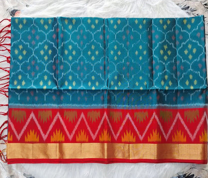 Pure Handloom Soft Silk - Teal Blue-Red Pochampally Ikat pattern