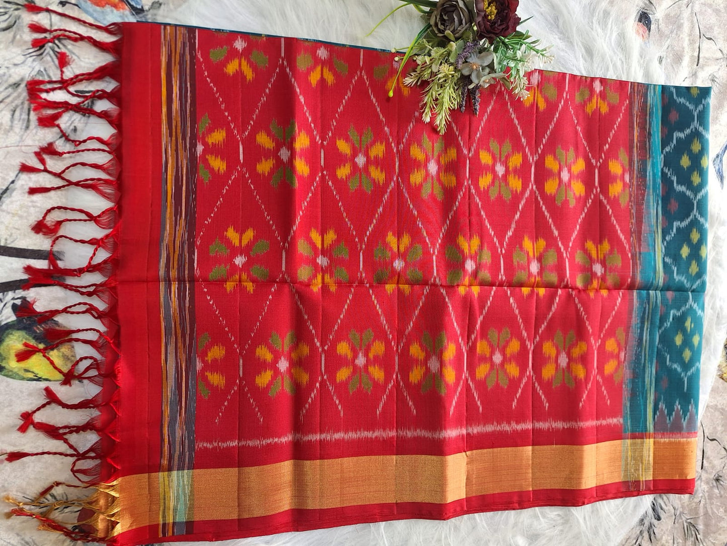 Pure Handloom Soft Silk - Teal Blue-Red Pochampally Ikat pattern