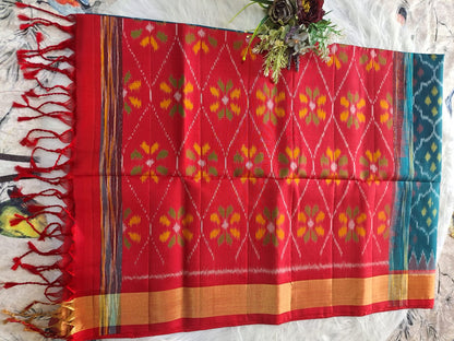 Pure Handloom Soft Silk - Teal Blue-Red Pochampally Ikat pattern