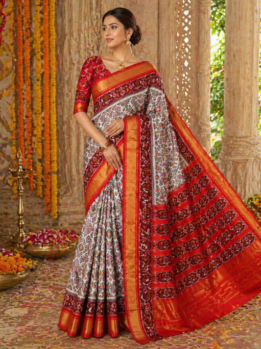 Pure Handloom Pochampally Ikat - Rhombus White Red & Maroon