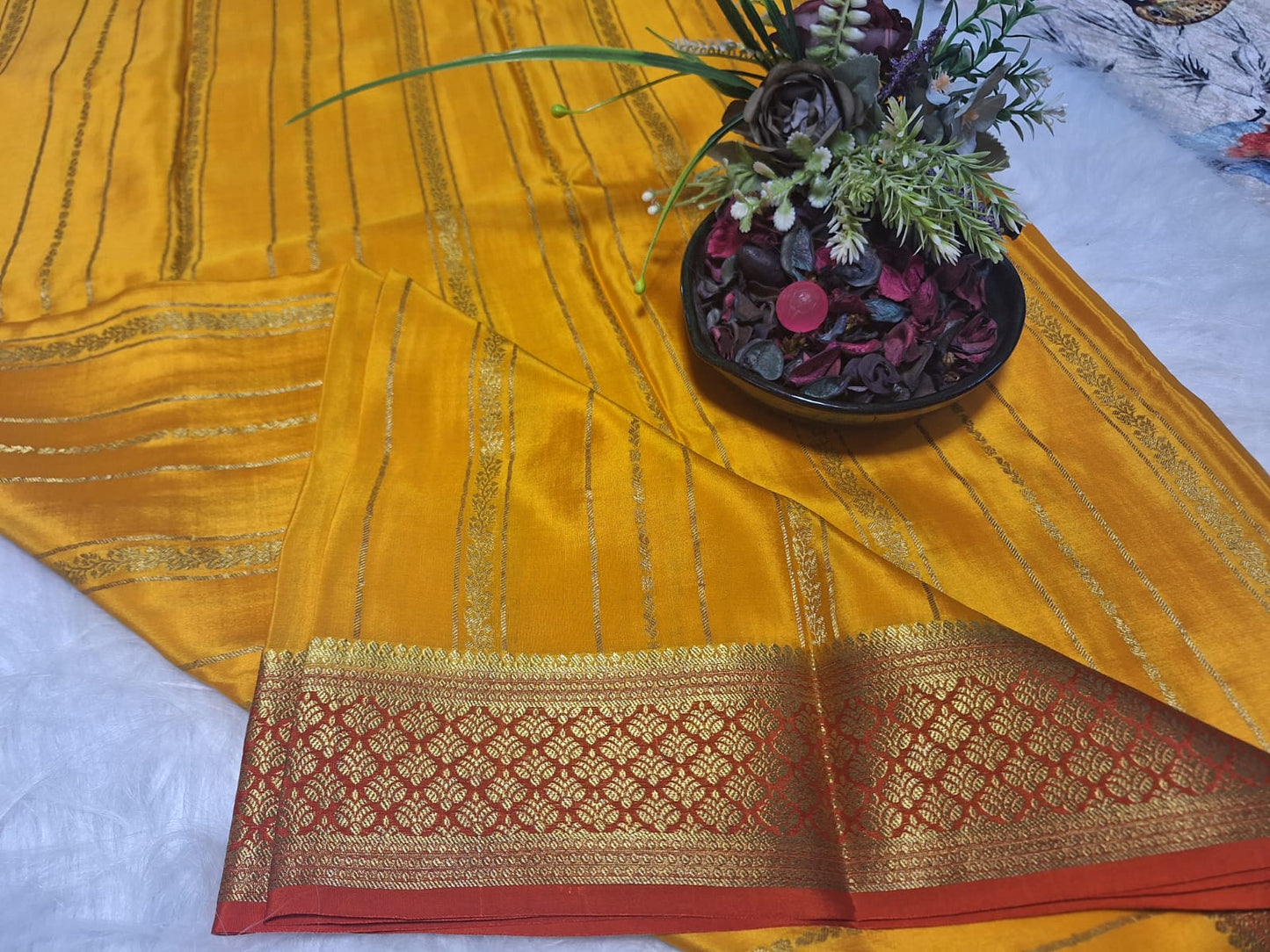 Pure Mysore Crepe Silk - Mustard & Red Golden vertical zari lines