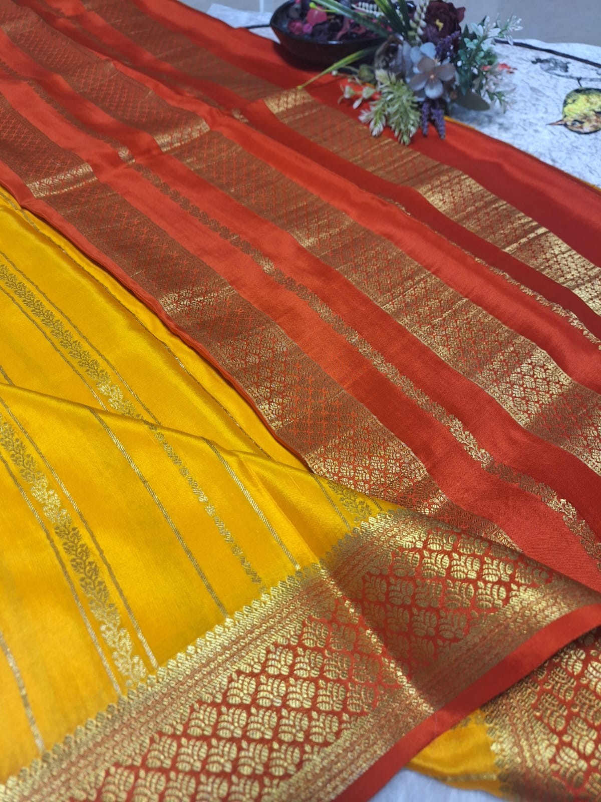 Pure Mysore Crepe Silk - Mustard & Red Golden vertical zari lines