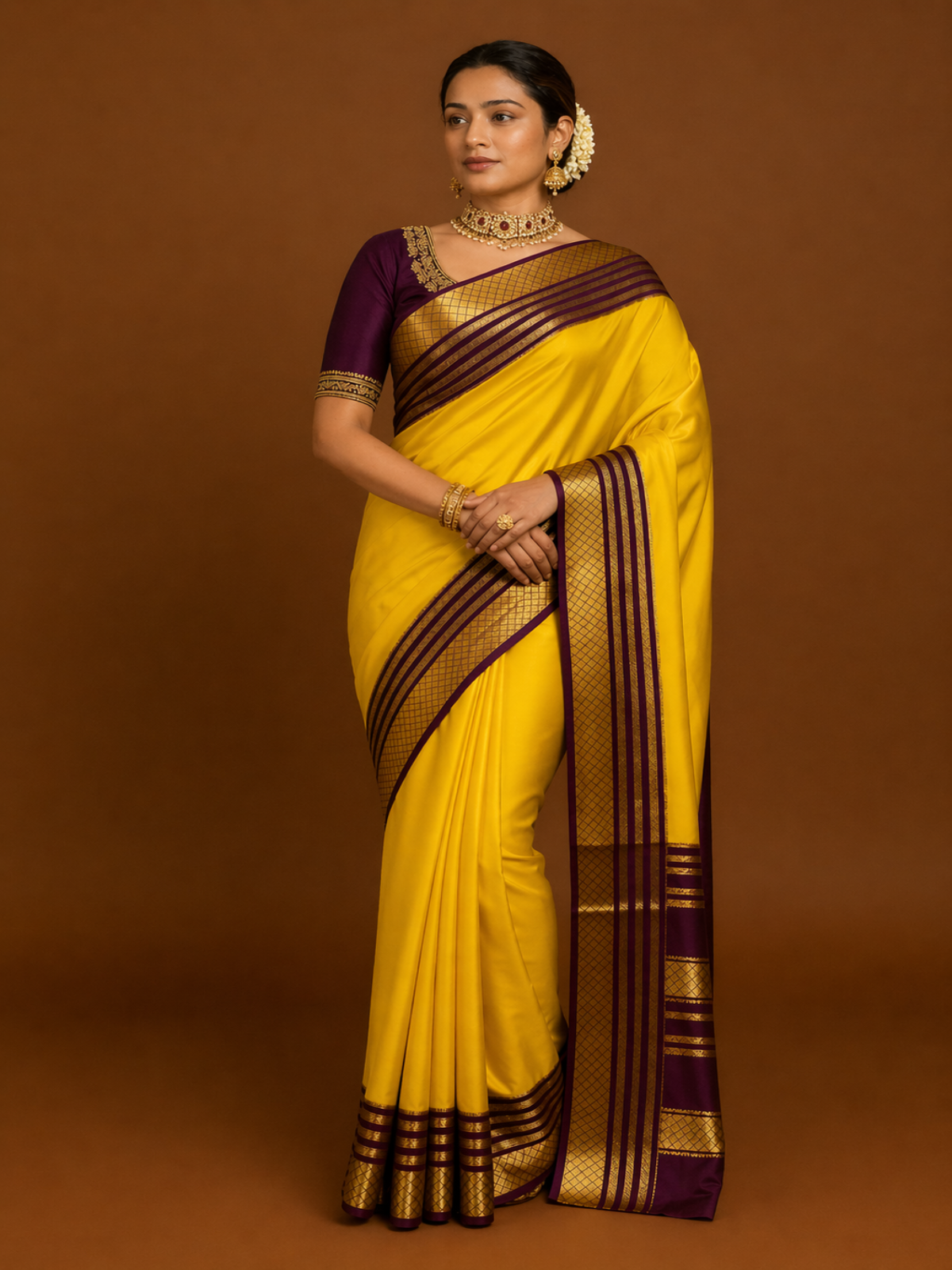 Pure Mysore Crepe Silk-Yellow & Orchid Purple Embellished border