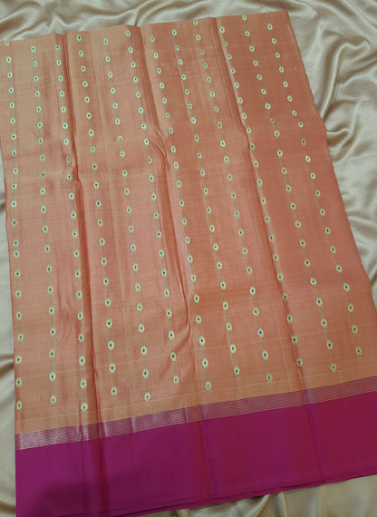 Pure Handloom Kanjeevaram Silk - Mustard Orange & Pink 1000 Meenakari butas