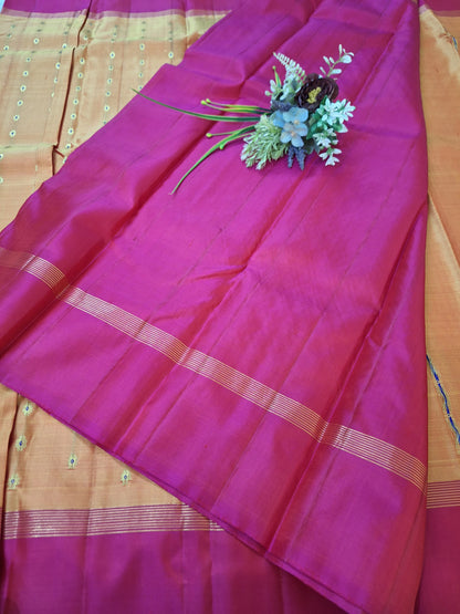 Pure Handloom Kanjeevaram Silk - Mustard Orange & Pink 1000 Meenakari butas
