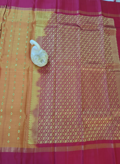Pure Handloom Kanjeevaram Silk - Mustard Orange & Pink 1000 Meenakari butas