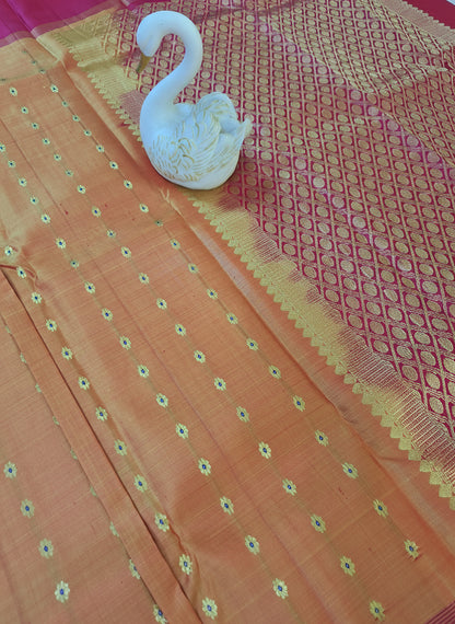 Pure Handloom Kanjeevaram Silk - Mustard Orange & Pink 1000 Meenakari butas