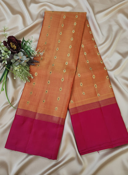 Pure Handloom Kanjeevaram Silk - Mustard Orange & Pink 1000 Meenakari butas