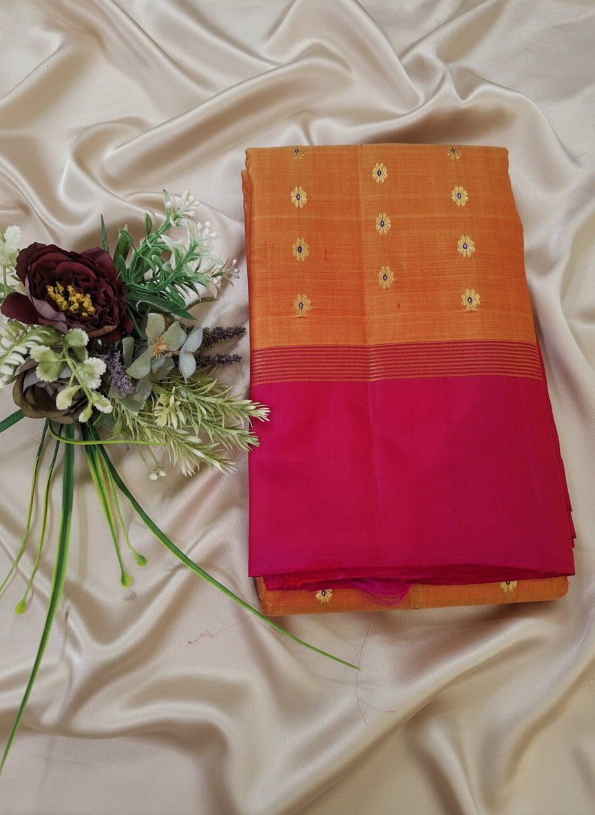 Pure Handloom Kanjeevaram Silk - Mustard Orange & Pink 1000 Meenakari butas